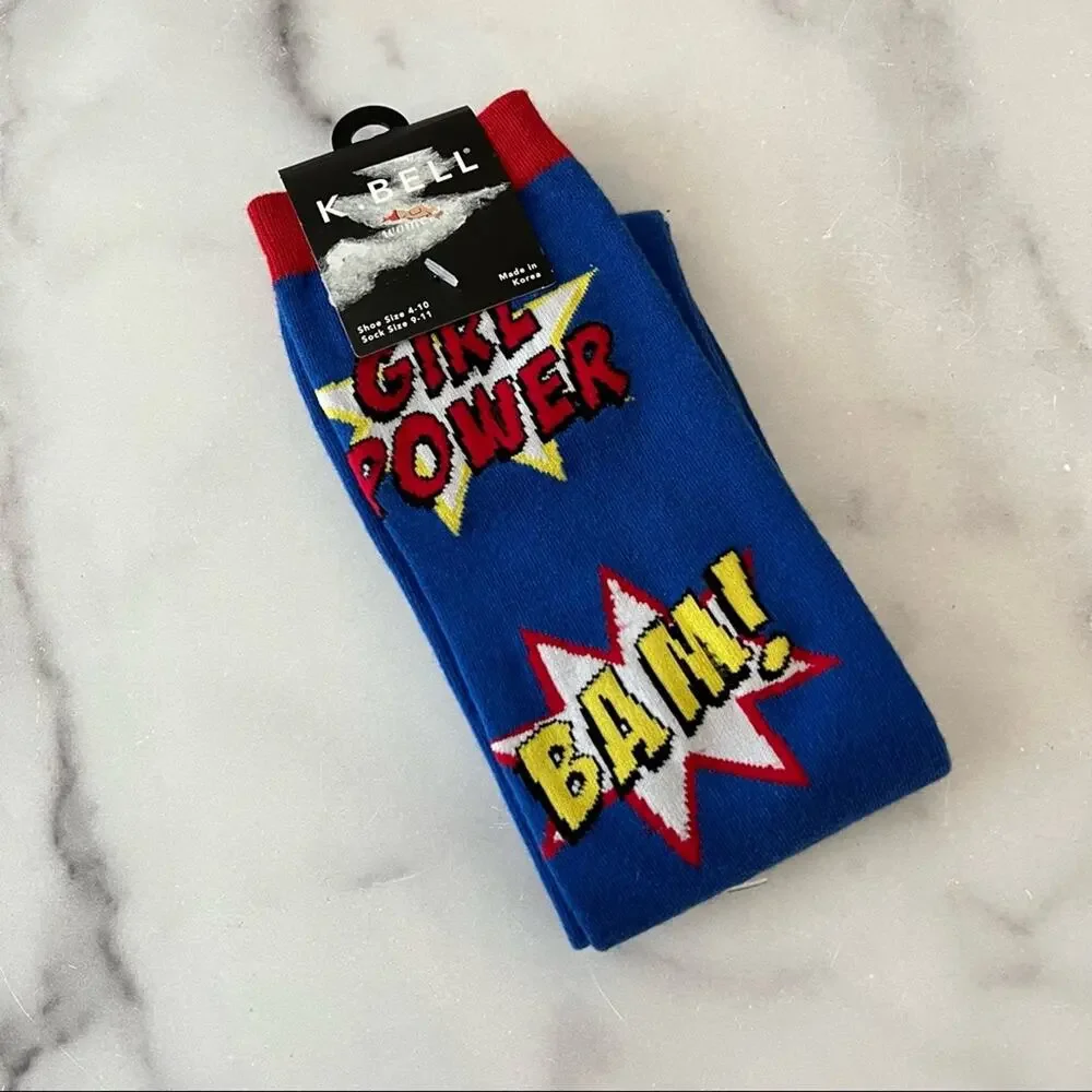 K. Bell Girl Power Pow Bam blue red yellow white knee high socks